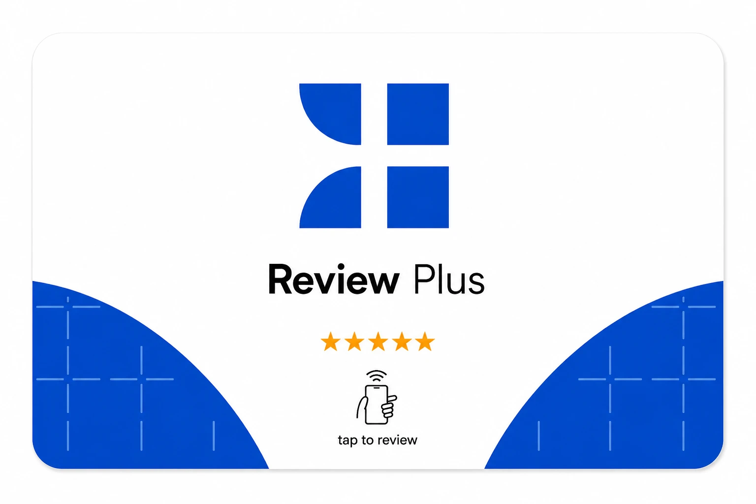 Achterkant van de NFC-kaart met Review Plus-logo en "tap to review"
