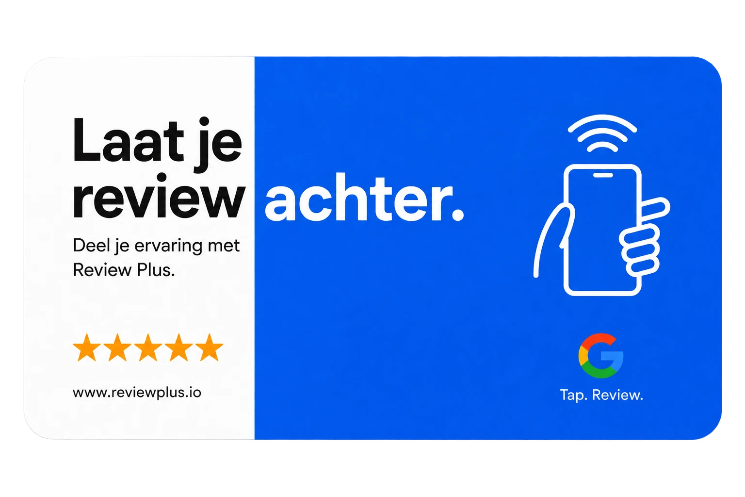 NFC-kaart met de tekst "Laat je review achter. Tap. Review."