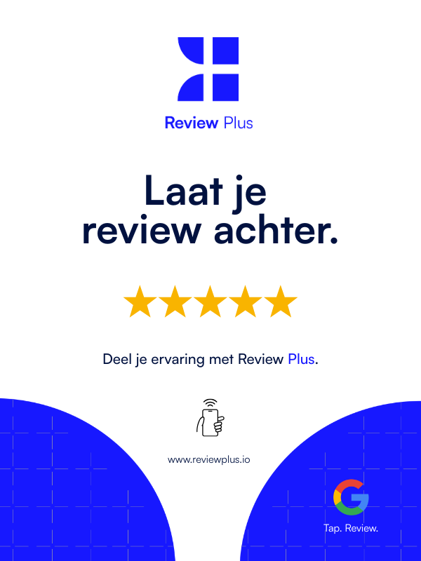 Ontwerp van de NFC-totem met Review Plus-logo, vijf sterren en "Tap. Review."